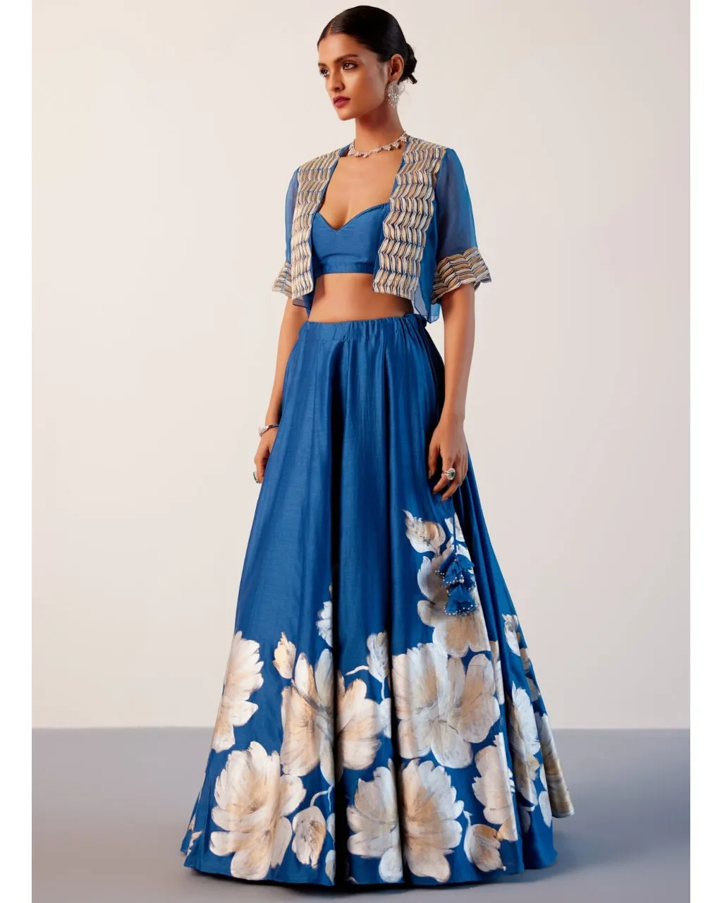 Blue Silk Chanderi Hand-Painted Skirt And Cape Set