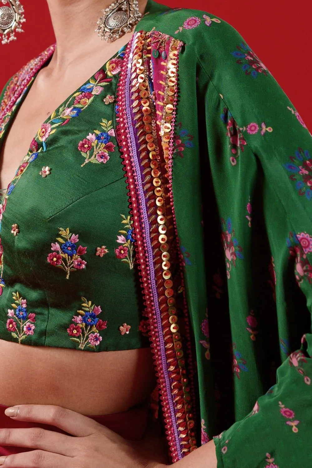 Bottel Green Oversized Embroidred Shrug Set