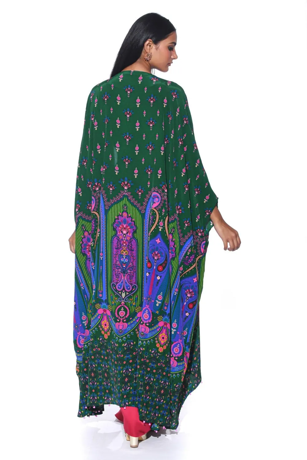 Bottel Green Oversized Embroidred Shrug Set