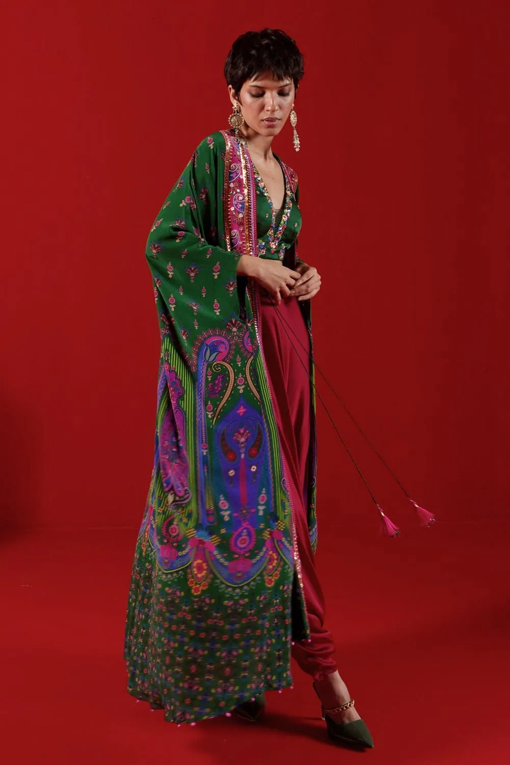 Bottel Green Oversized Embroidred Shrug Set