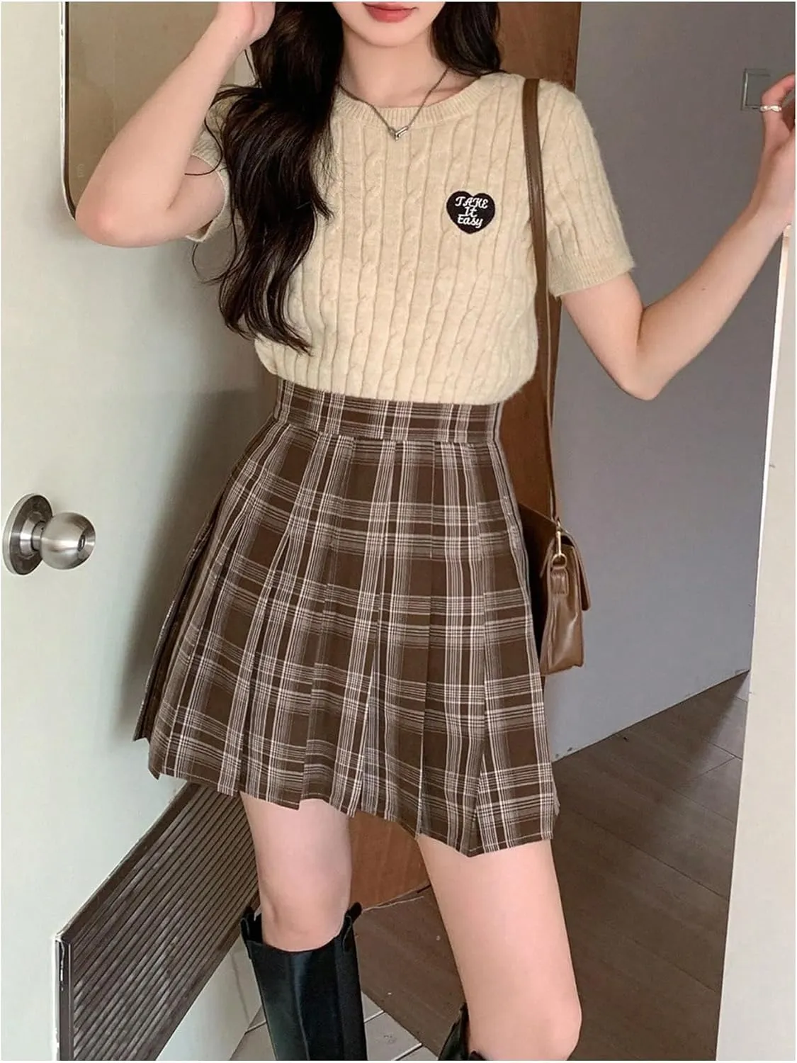 Floerns Women's Plaid Print Pleated Skirt Uniform Tartan Short Skater Skirt