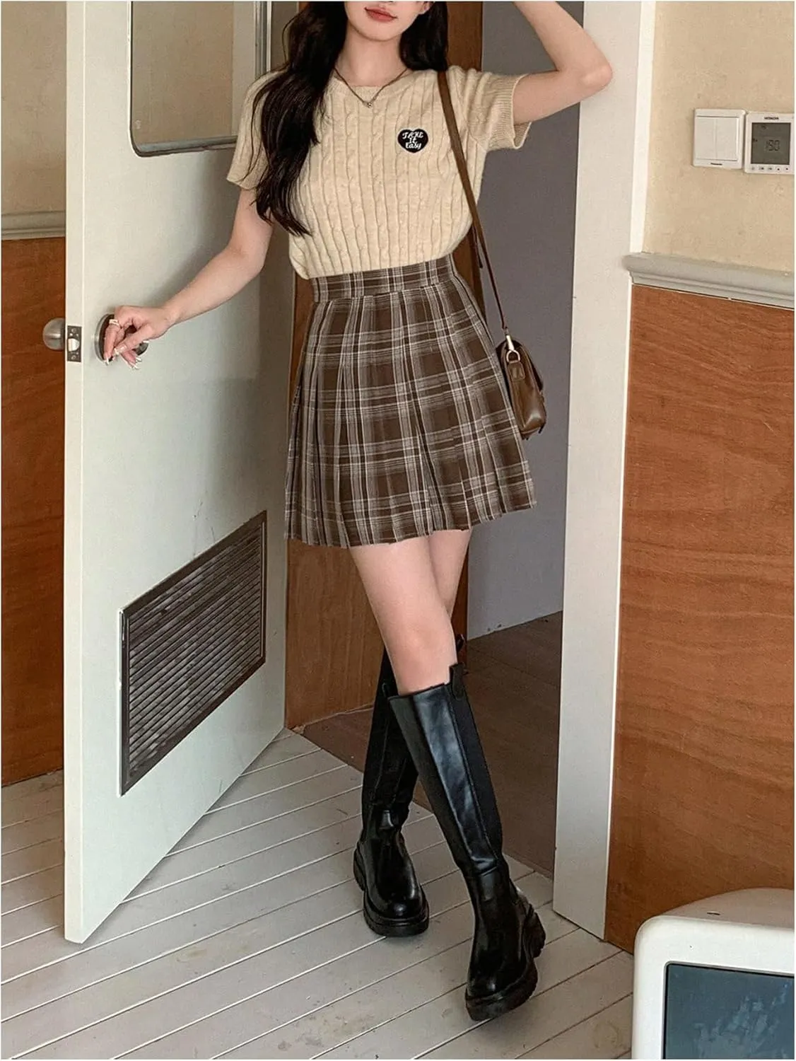 Floerns Women's Plaid Print Pleated Skirt Uniform Tartan Short Skater Skirt