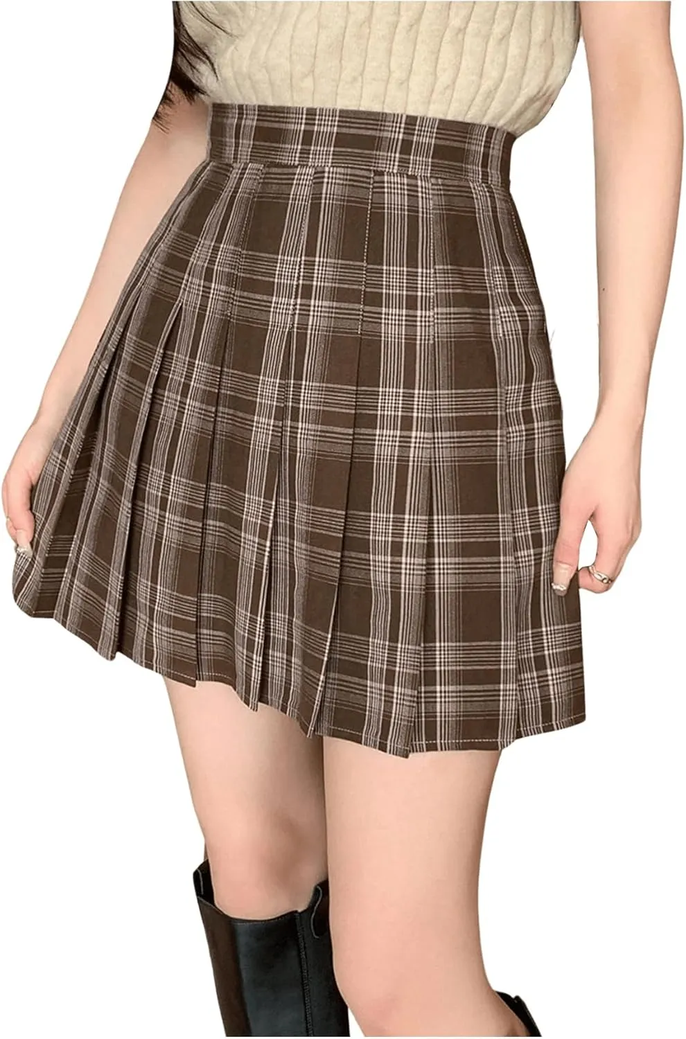 Floerns Women's Plaid Print Pleated Skirt Uniform Tartan Short Skater Skirt