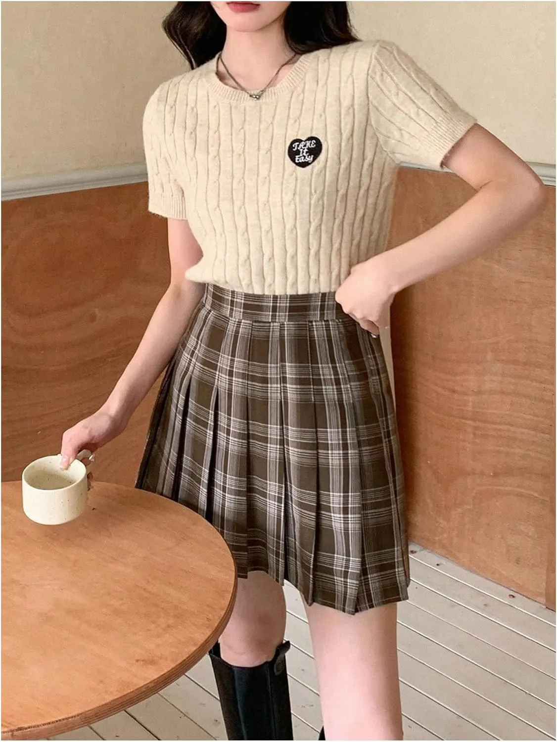 Floerns Women's Plaid Print Pleated Skirt Uniform Tartan Short Skater Skirt
