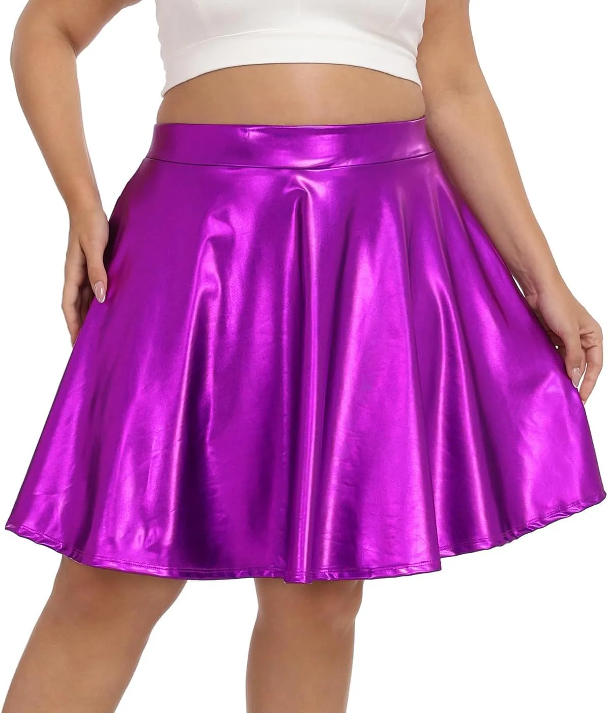 HDE Plus Size Shiny Metallic Skater Skirt High Waisted Holographic Pleated Skirt