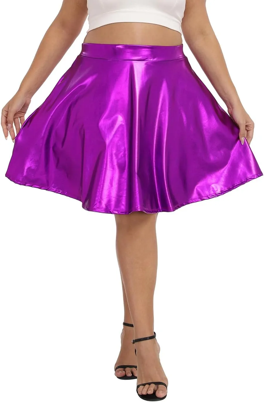HDE Plus Size Shiny Metallic Skater Skirt High Waisted Holographic Pleated Skirt