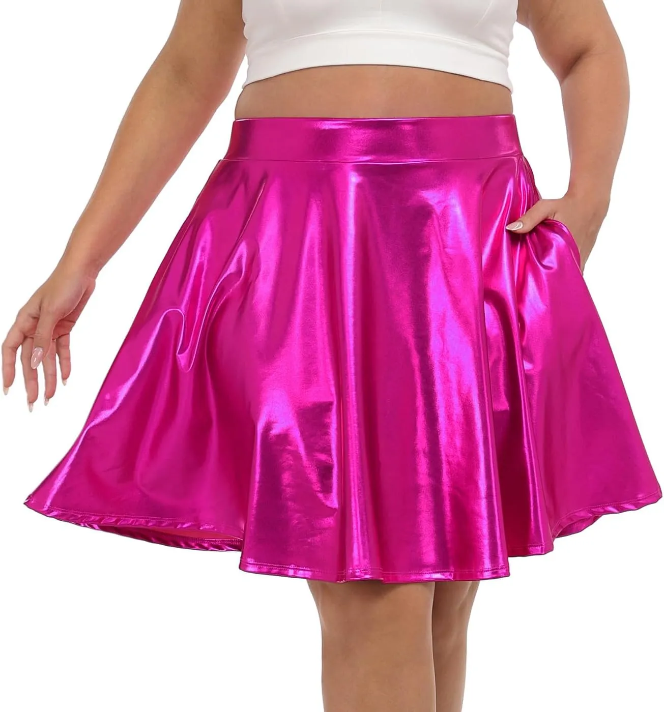 HDE Plus Size Shiny Metallic Skater Skirt High Waisted Holographic Pleated Skirt
