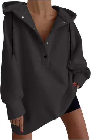 NATHGAM Oversized Hooded Sweatshirt Women Casual Half Button Down Lightweight Slouchy Hoodies Soft Loose Comfy Pullover Tops