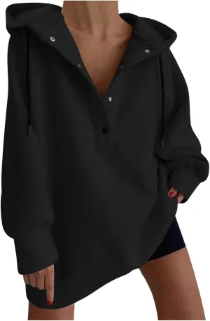 NATHGAM Oversized Hooded Sweatshirt Women Casual Half Button Down Lightweight Slouchy Hoodies Soft Loose Comfy Pullover Tops