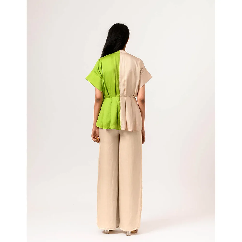 NEORA BY NEHAL CHOPRA Ecru & Green Half & Half Co Ord (Set of 3)