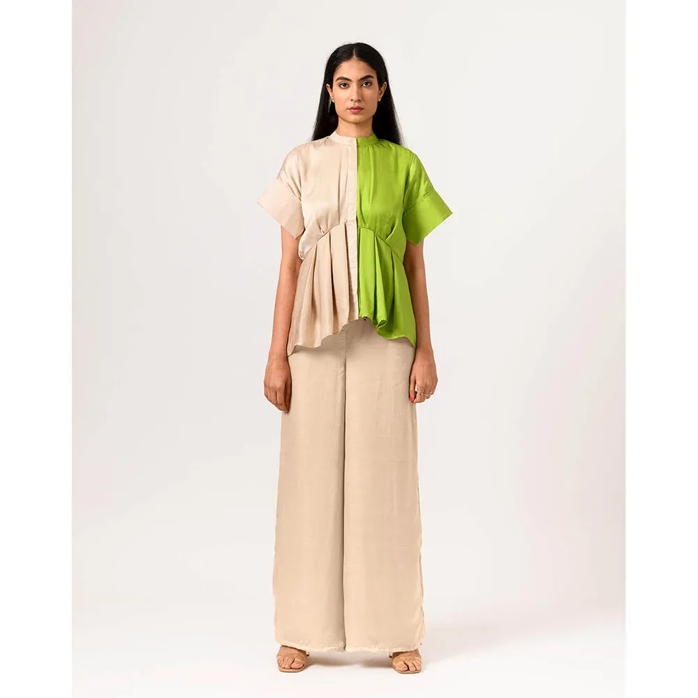 NEORA BY NEHAL CHOPRA Ecru & Green Half & Half Co Ord (Set of 3)