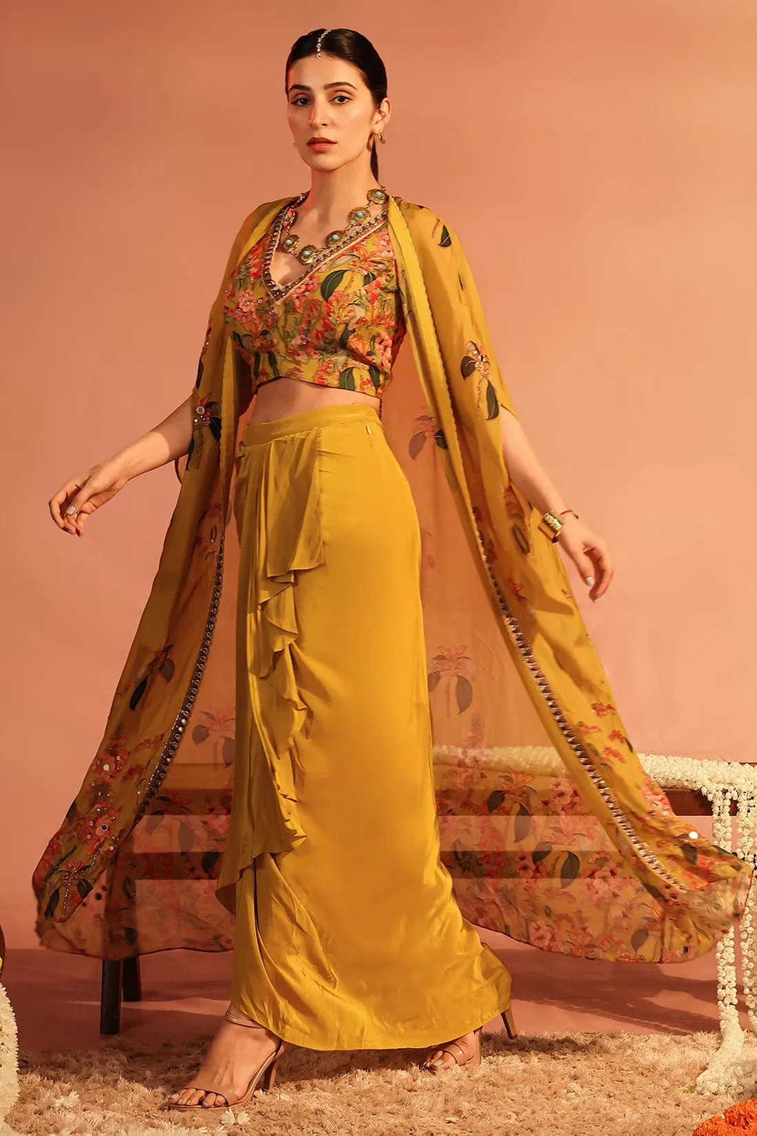 Tamaya Embellished Drape Skirt Set With Cape