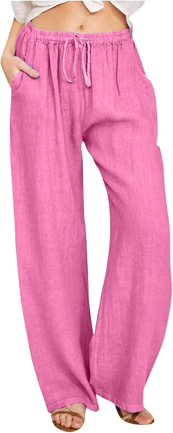 Women's Linen Pants 2025 Summer Loose High Waist Pleated Front Wide Leg Joggers Palazzo Pants Trousers with Pockets