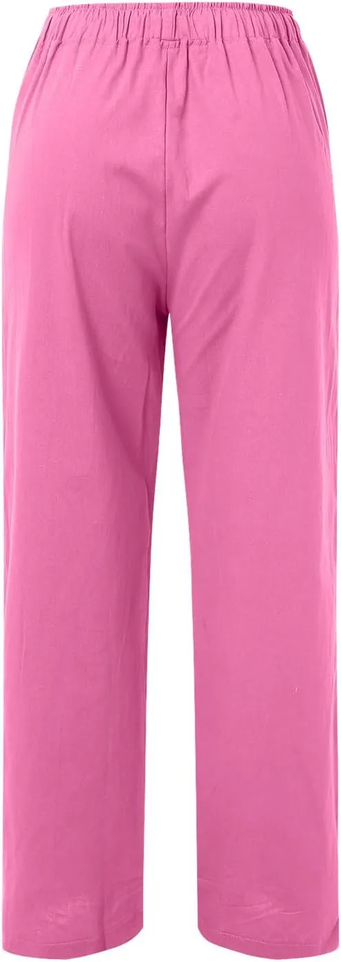 Women's Linen Pants 2025 Summer Loose High Waist Pleated Front Wide Leg Joggers Palazzo Pants Trousers with Pockets