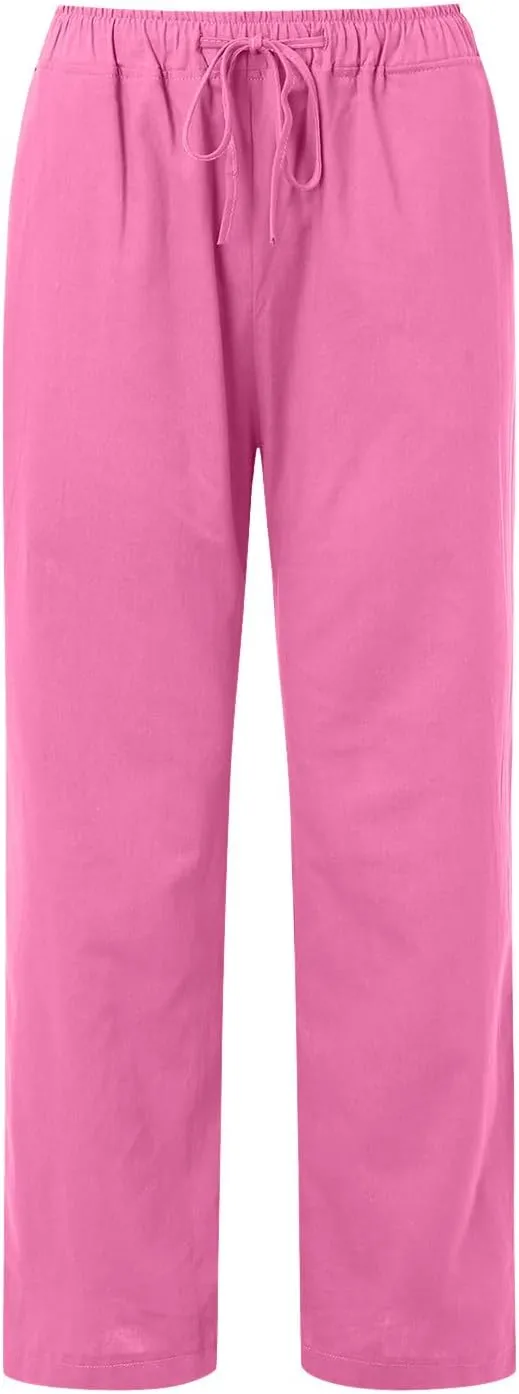 Women's Linen Pants 2025 Summer Loose High Waist Pleated Front Wide Leg Joggers Palazzo Pants Trousers with Pockets