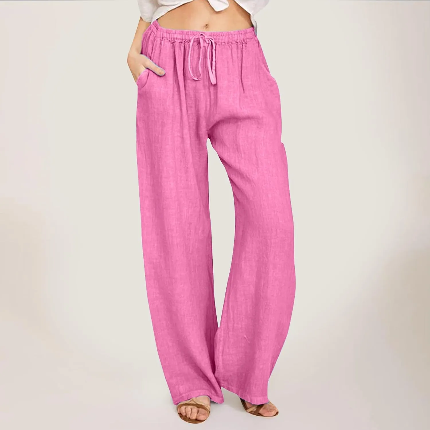 Women's Linen Pants 2025 Summer Loose High Waist Pleated Front Wide Leg Joggers Palazzo Pants Trousers with Pockets