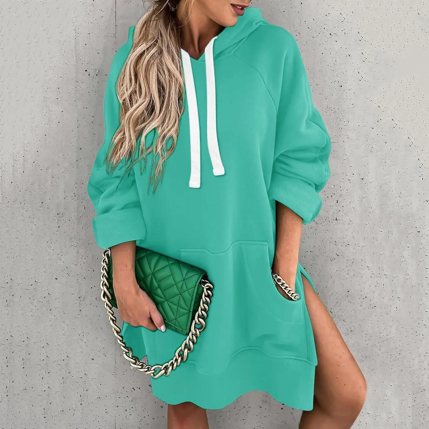 Womens Oversized Sweatshirts Hoodies Casual Long Sleeve Fleece Tops Solid Color Drawstring Pullover Split Soft Outfits