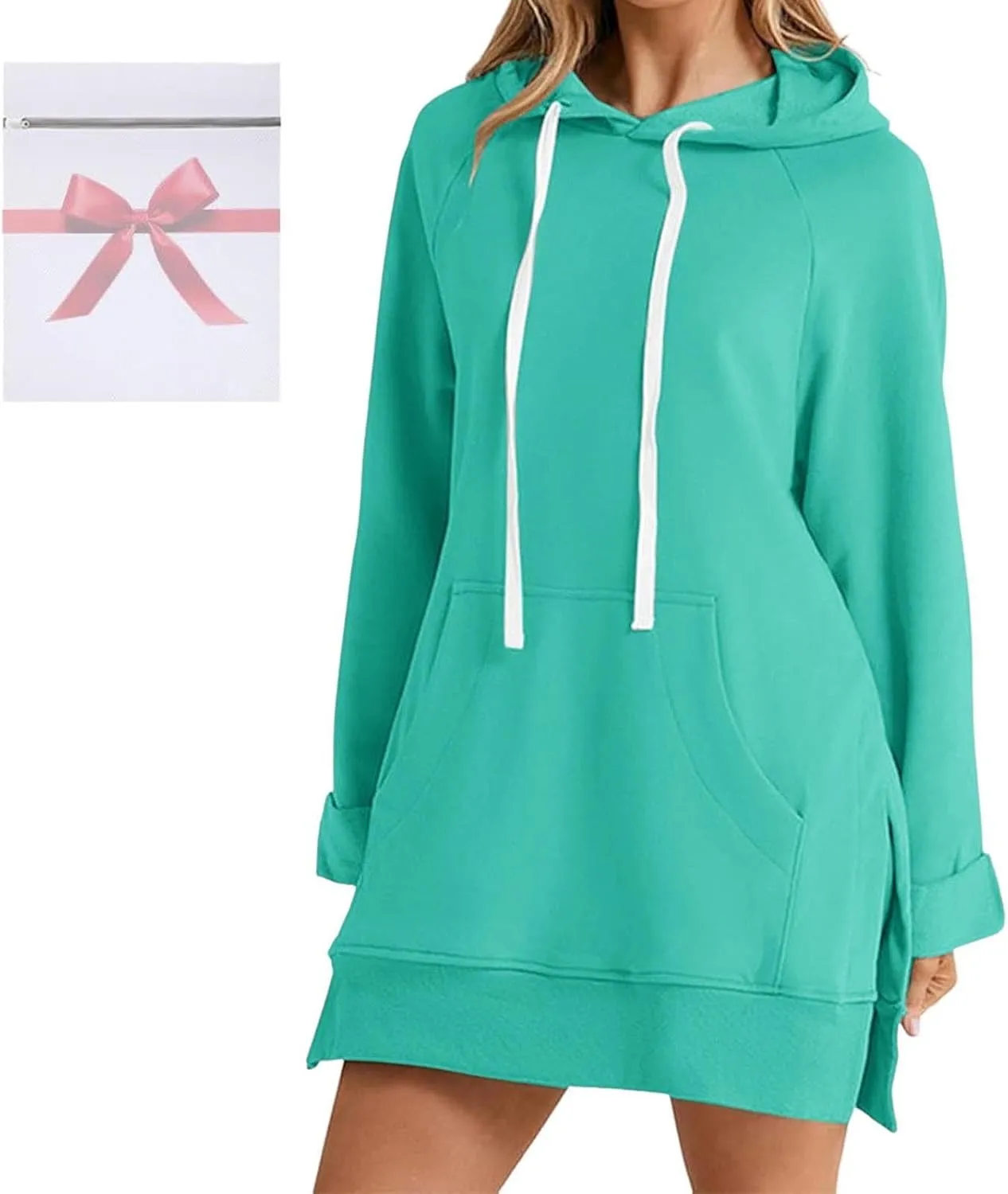 Womens Oversized Sweatshirts Hoodies Casual Long Sleeve Fleece Tops Solid Color Drawstring Pullover Split Soft Outfits