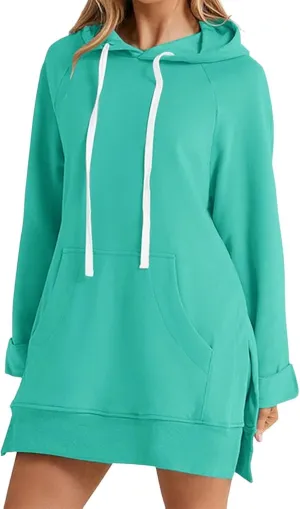 Womens Oversized Sweatshirts Hoodies Casual Long Sleeve Fleece Tops Solid Color Drawstring Pullover Split Soft Outfits