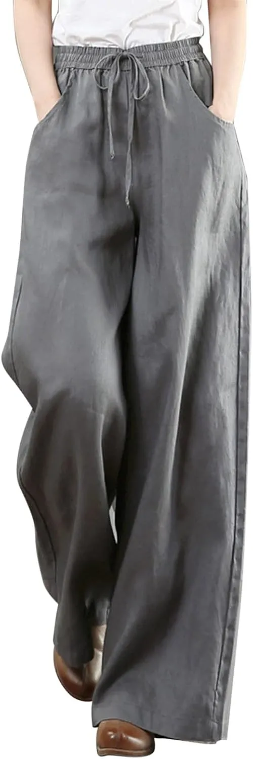 Women's Wide Leg Linen Pants 2025 Summer Casual High Waist Palazzo Pant Yoga Loose Flowy Trousers with Pockets